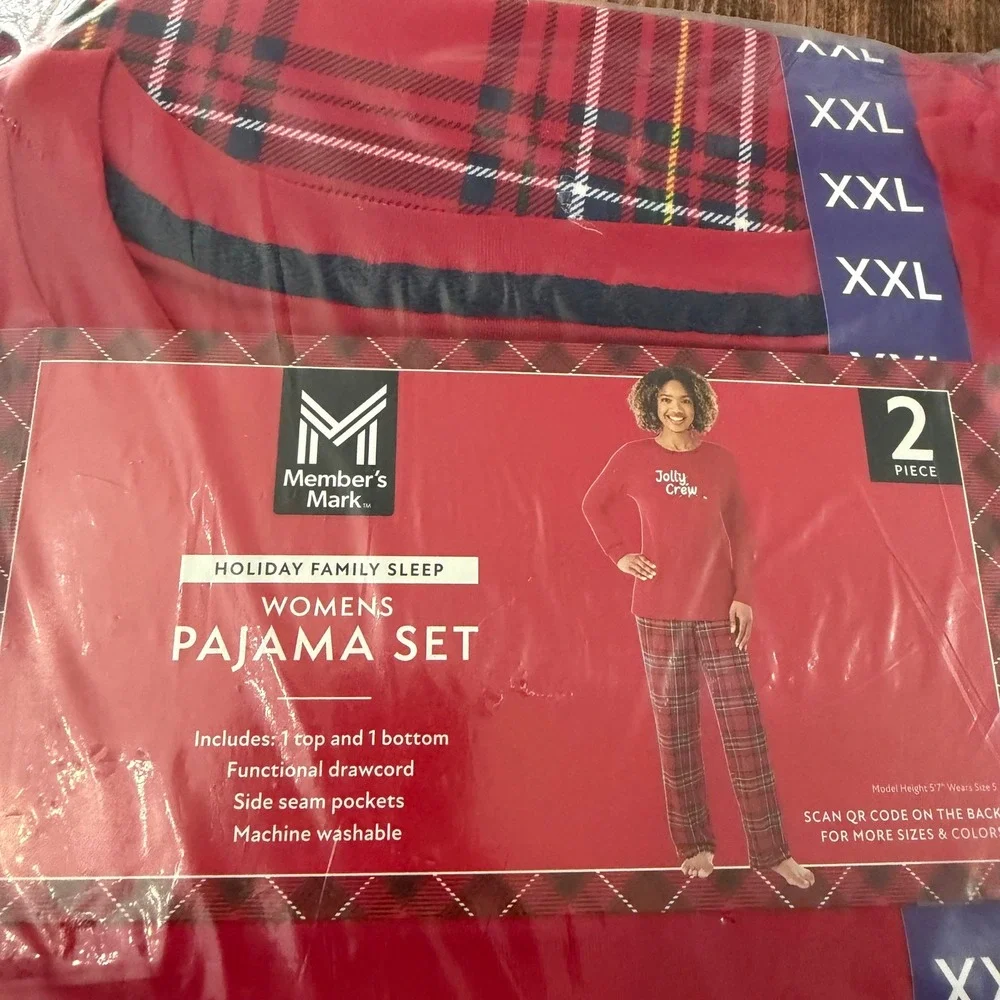 Member's Mark Womens XXL Red Jolly Crew Plaid 2 Piece Pajama Set NEW MM728559